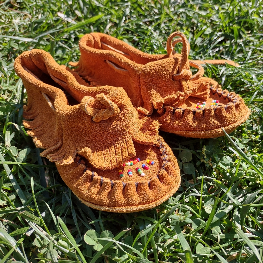 Leather moccasins with fringe and beads